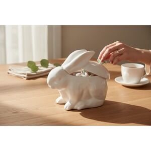 Maxcera Bunny Rabbit Cookie Jar Home Decor White Brand New Rustic Ceramic Easter